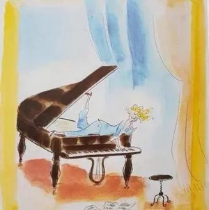 Illustration à l'aquarelle d'une femme blonde allongée sur un piano à queue ouvert, dans un salon aux tons doux.