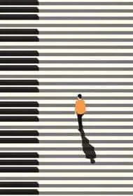 Illustration minimaliste montrant une silhouette d'homme marchant sur les touches blanches d'un clavier de piano géant.