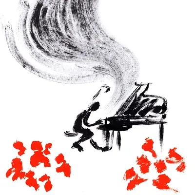 Illustration minimaliste à l'encre montrant un pianiste stylisé dont la musique s'échappe du piano sous forme d'une grande traînée de fumée noire, avec des touches de rouge au premier plan.
