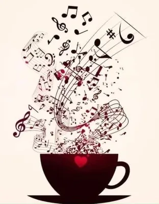 Illustration d'une tasse de café sombre ornée d'un petit cœur rouge, d'où s'échappe un nuage tourbillonnant de notes de musique et de portées.