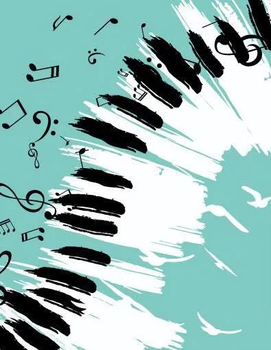 Illustration abstraite d'un clavier de piano stylisé peint à coups de pinceau noirs et blancs sur un fond bleu turquoise, entouré de notes de musique et de silhouettes d'oiseaux.